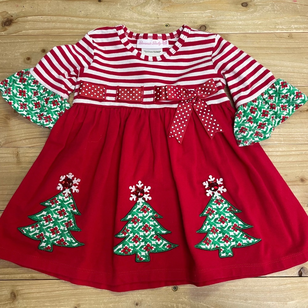 Bonnie Baby Red White Stripe Christmas Tree Snowflake Dress 3-6M‎